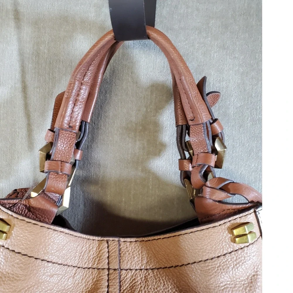 Oryany Brown Tan Leather Hobo Bag Tri-Color Blocked Shoulder Tote Gold Hardware